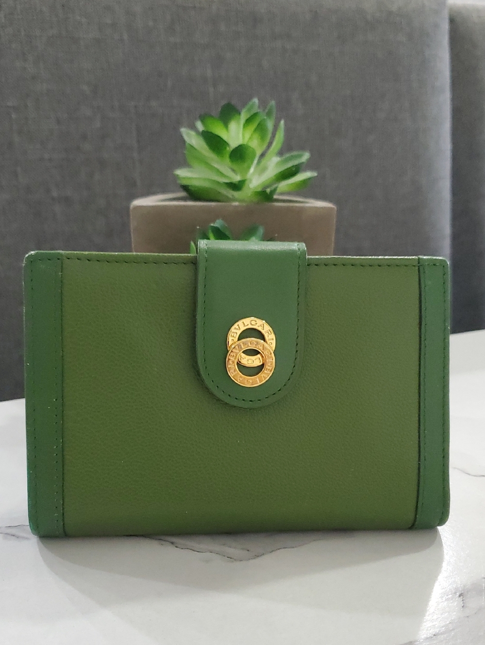 🇮🇹Bvlgari Doppio Tondo Green Leather Snap/Kisslock Wallet💚
